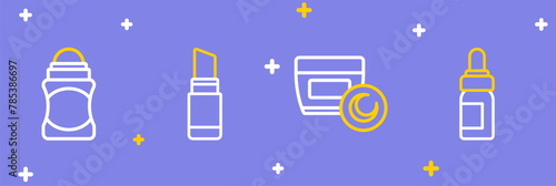 Set line Essential oil bottle, Cream or lotion cosmetic tube, Lipstick and Deodorant roll icon. Vector