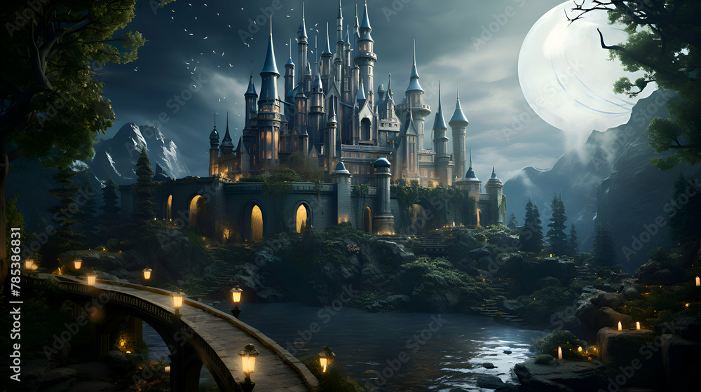 Magic castle in the forest at night. Magical fantasy landscape. 3D rendering - obrazy, fototapety, plakaty 