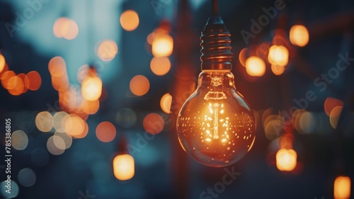 Incandescent lightbulb with blurred lights - An artistic incandescent lightbulb with blurred warm lights in the background photo