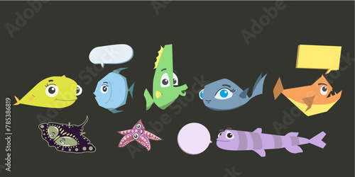 Cute fish cartoon with speech bubble, sassy little arrogant fish group.