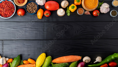 Fototapeta Naklejka Na Ścianę i Meble -  Fresh Ingredients fruits, vegetables and spices on Black Wooden Table: Culinary Catalog Photography with Copy Space