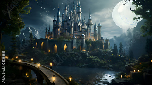Magic castle in the forest at night. Magical fantasy landscape. 3D rendering