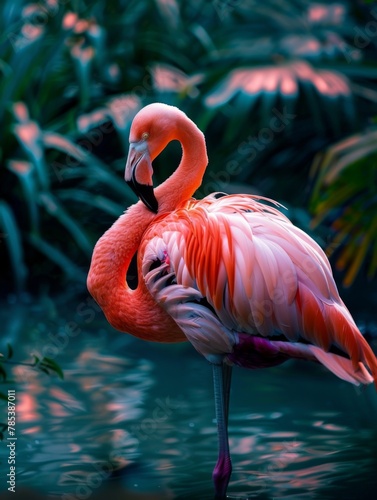 Elegant flamingo in tropical habitat - An elegant flamingo stands in tropical waters, its pink feathers and graceful posture reflecting a tranquil natural world