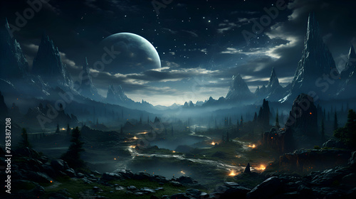 Fantasy alien planet. Mountain and river. 3D illustration. © Wazir Design