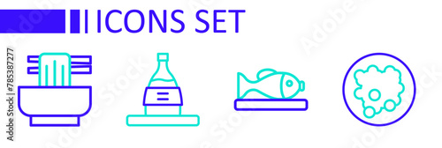Set line Rice in a bowl, Served fish on plate, Bottle of sake and Asian noodles icon. Vector