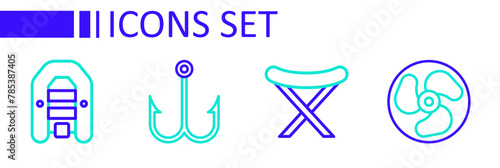 Set line Outboard boat motor, Fishing harpoon, and Inflatable with icon. Vector
