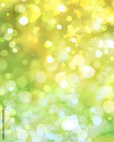 Yellow and Green Glittering Lights with Dreamy Bokeh, banner, background for event invitation, New Year's or Christmas decoration, Party Time, Festival St Patrick Day, Holiday, Space for text