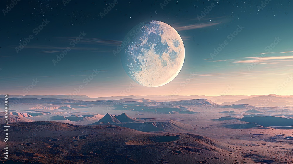 Nighttime Moon Illuminates Mountains and Desert Under UFO Sky