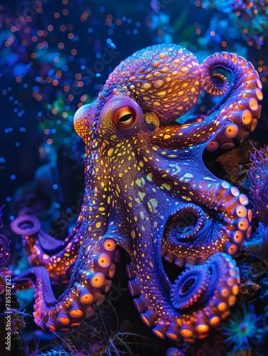 Neon glowing octopus, phantasmal iridescent hues, shimmering underwater scene
