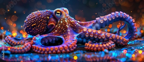 Vibrant neon octopus, emitting a phantasmal iridescent glow, surreal ocean backdrop