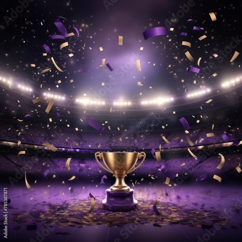 Purple background, lights and golden confetti on the purple background, football stadium with spotlights, banner for sports events © GalleryGlider