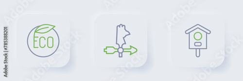 Set line Bird house, Rooster weather vane and Eco healthy food icon. Vector