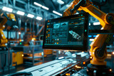 Computer screen real time monitoring production process in an advanced manufacturing plant.