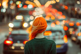Rear view of young red hair woman standing in the middle of a busy street, while cars are moving past on both sides of her.