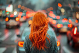 Rear view of young redhead woman standing in the middle of a busy street