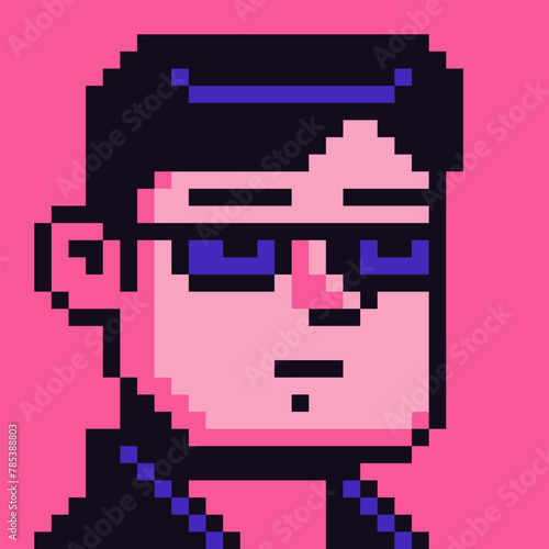 8-bit boy, avatar pixel man character in glasses, cartoon vector icon, game user or web profile persons and people, guy social net portrait, young male face, minimalistic fashion, vector crypto art.