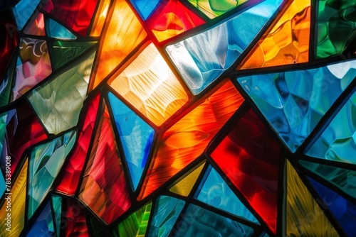 Vibrant stained glass patterns close-up - This image showcases a close-up of colorful stained glass pieces  creating a vibrant and eye-catching mosaic