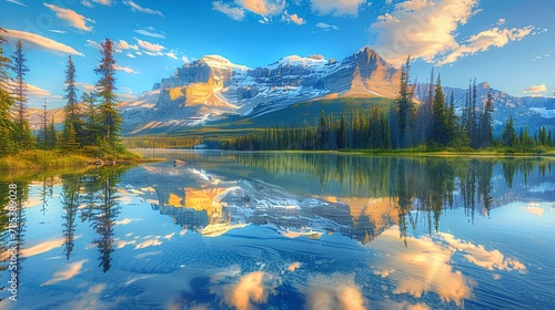 Morning Serenity: Lake nestled among mountains, reflecting the sky and forest, creating a scenic view of nature's beauty