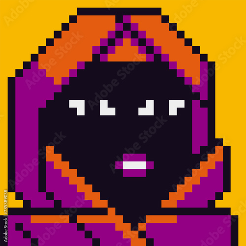Avatar pixel female character in hijab, headscarf, cartoon vector icon, game user or web profile person, people, 8-bit girl, social net portrait, young woman face, minimalistic fashion, vector