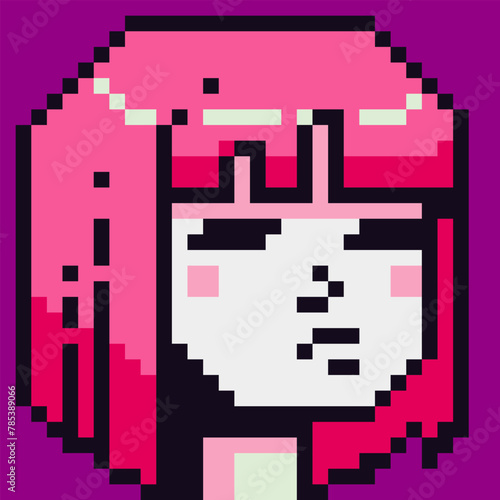 8-bit girl, avatar pixel female character, cartoon vector icon, game user or web profile persons and people, social net portrait, young cute woman face, minimalistic fashion, vector