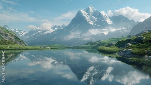 Lake nestled in mountain scenery, reflecting sky, clouds, and lush greenery