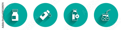 Set Vitamins, Bottle of water, Lactose intolerance and Fresh smoothie icon with long shadow. Vector