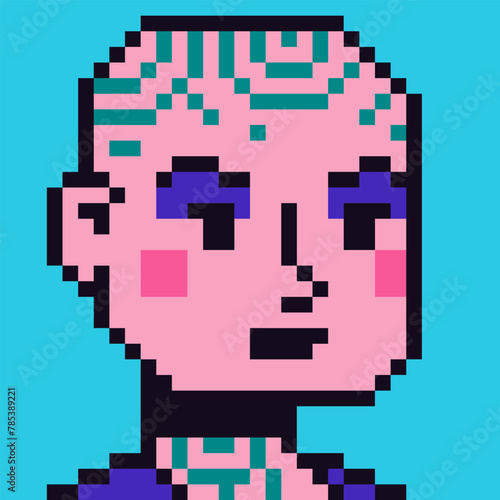 8-bit bald girl avatar pixel female character, cartoon vector icon, game user or web profile person, people, social net portrait, young woman face, minimalistic fashion, vector crypto art.