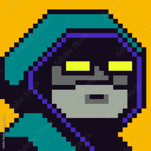 Avatar pixel hooded man spy hiding character, cartoon vector icon, game user web profile person, people, 8-bit boy, social net portrait, face, minimalistic fashion, vector crypto art illustration.