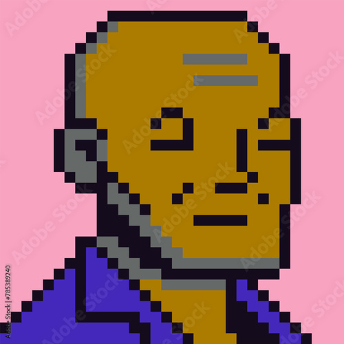 Avatar pixel asian male character, bald adult man, social net portrait,  cartoon icon, game user or web profile person, people, 8-bit guy face, minimalistic vector crypto art illustration