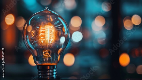 Illuminated filament light bulb close-up - A close-up shot of a classic filament light bulb against a blurred urban backdrop highlighting its intricate design