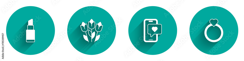 Obraz premium Set Lipstick, Flower tulip, Mobile with heart and Diamond engagement ring icon with long shadow. Vector