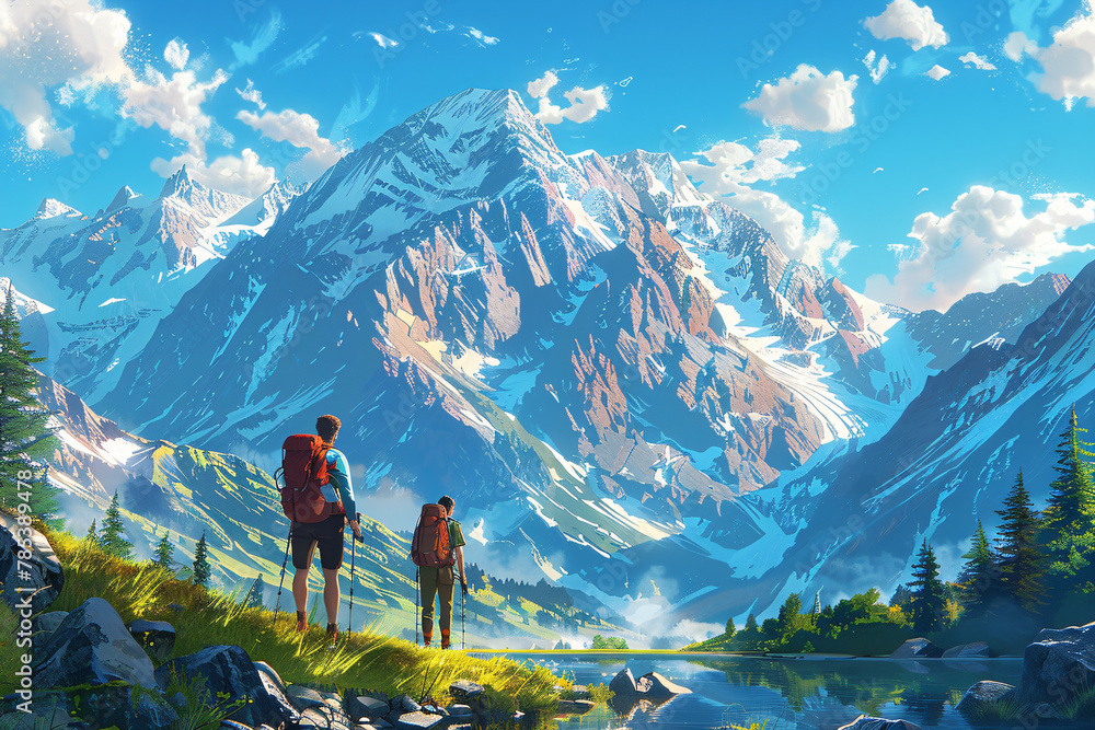Hikers viewing mountain peaks. Digital illustration. Outdoor adventure concept. Design for posters, backgrounds, adventure blogs.