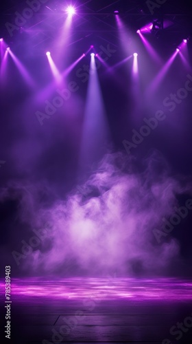 Purple stage background, purple spotlight light effects, dark atmosphere, smoke and mist, simple stage background, stage lighting, spotlights