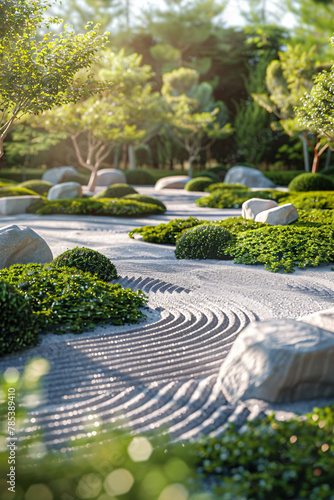 Tranquil Zen Garden: Raked Gravel and Sculpted Bushes © Dustin