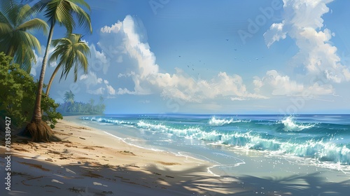 Tropical beach with palm trees overlooking turquoise sea and sandy shore under a beautiful sky