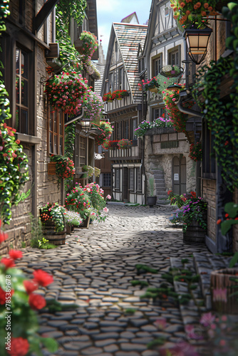 Charming Cobblestone Street  Historic Buildings and Flower Baskets