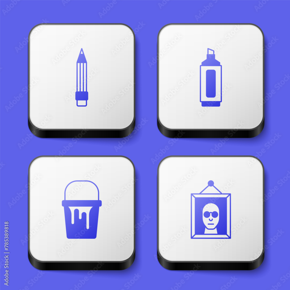 Set Pencil with eraser, Marker pen, Paint bucket and Picture icon. White square button. Vector Set Pencil with eraser, Marker pen, Paint bucket and Picture icon. White square button. Vector