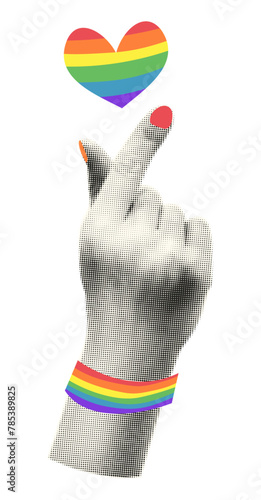 Finger heart gesture modern art collage element. Halftone hand with rainbow colored heart. LGBTQ Pride sticker, cut out from magazine shape vector illustration isolated on transparent background