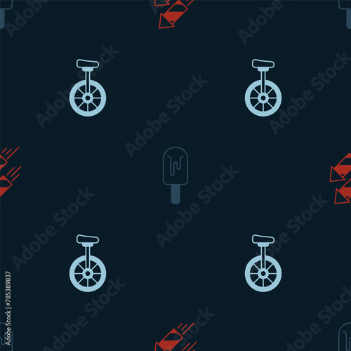 Set Firework rocket, Ice cream and Unicycle on seamless pattern. Vector