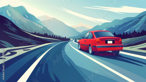 Artistic depiction of a red car cruising on a curved mountain road with scenic landscape backdrop.