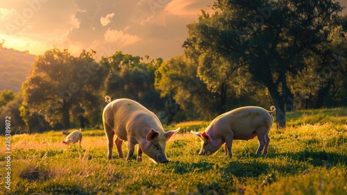 two pigs peacefully grazing in a lush green grass field bathed in the warm hues of sunset, evoking a sense of tranquility and rural charm.