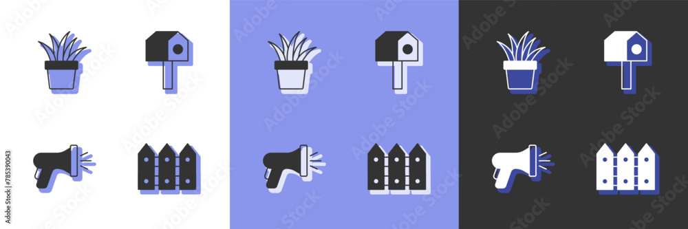 Set Garden fence wooden, Plant in pot, hose and Bird house icon. Vector Set Garden fence wooden, Plant in pot, hose and Bird house icon. Vector