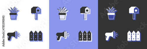 Set Garden fence wooden, Plant in pot, hose and Bird house icon. Vector