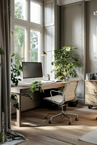 Chic Home Office: Sleek Desk and Natural Lighting © Dustin