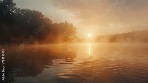 Beautiful sunrise over the river and lake, with mist gently embracing the water Nature's reflection paints the serene morning sky Trees, oranges, and tranquil clouds adorn the horizon A peaceful, brea photo