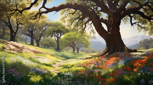 A peaceful meadow alive with the colors of spring, a carpet of wildflowers swaying in the breeze beneath the towering canopy of a majestic oak tree. photo