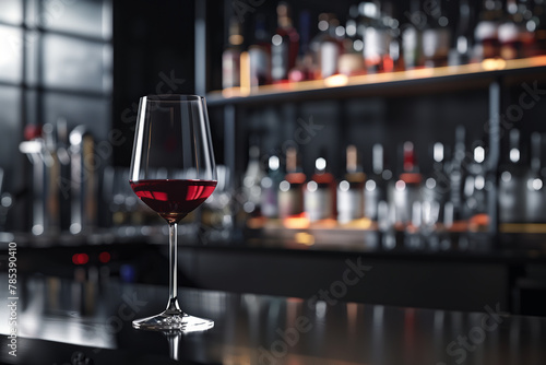 A glass of red wine in the background of the bar counter