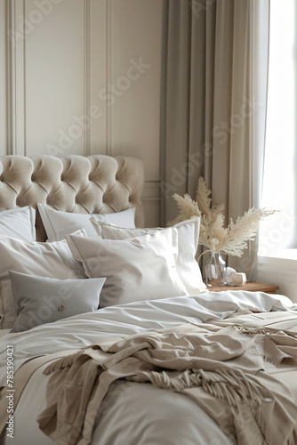 Cozy Bed: Tufted Headboard and Fluffy Pillows