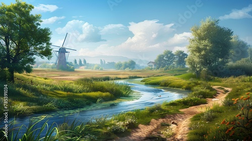 Dutch windmill in the countryside, surrounded by green fields and blue skies, symbolizing rural life and agricultural history