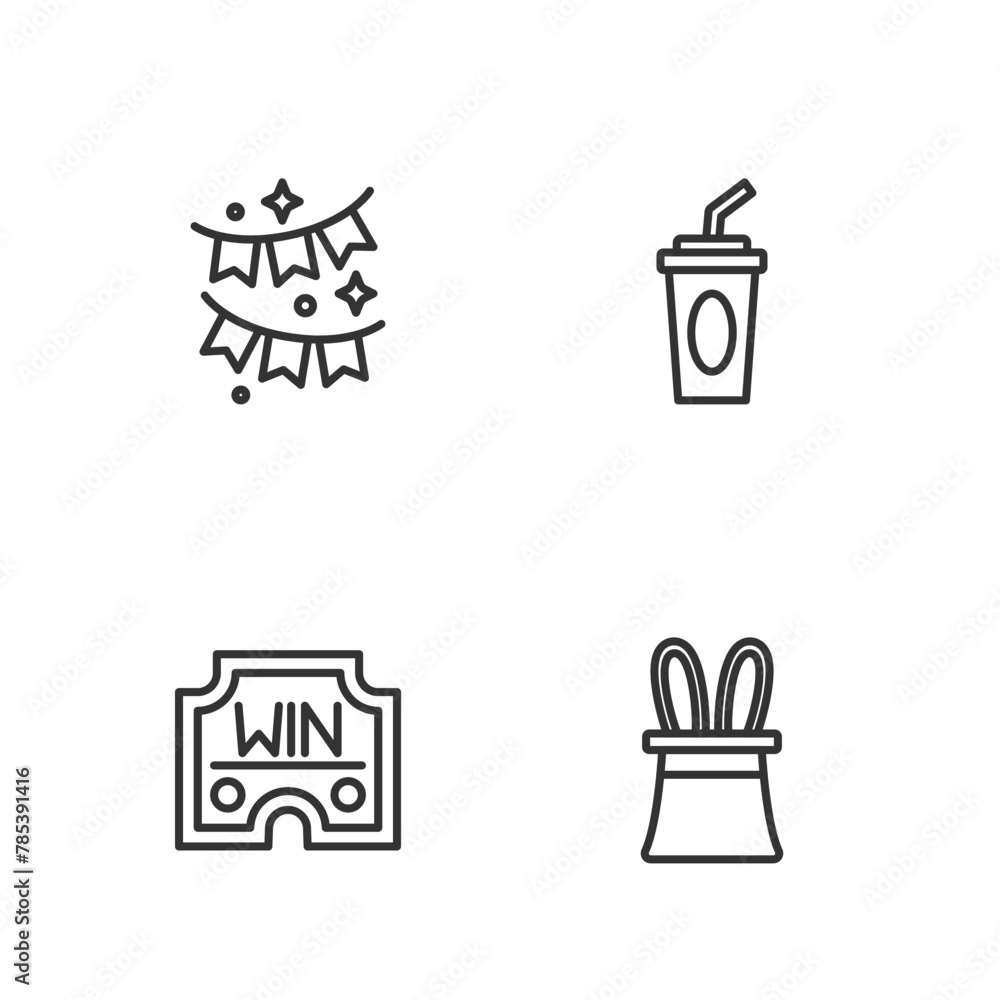 Set line Magician hat and rabbit ears, Casino win, Carnival garland with flags and Paper glass water icon. Vector